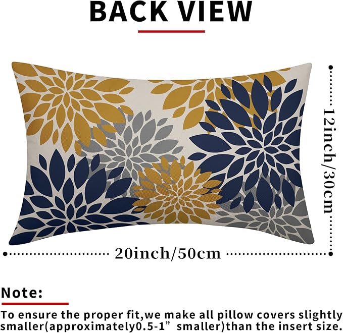 Navy Blue Yellow Pillow Covers 12X20 Inch Set of 2, Modern Geometry Dahlia Floral Print Decorative Rectangle Throw Pillow Covers Outdoor Farmhouse Cushion Case for Home Couch Sofa Bed Decoration