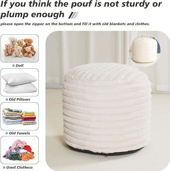 Pouf Ottoman Stuffed Round for Foot Rest, Faux Fur Poufs with Foam Chunk Filling, Storage Ottoman Pouf Foot Stool Cushion, 20 X 15 Inch Floor Chair for Living Room Bedroom Home Decor, Beige