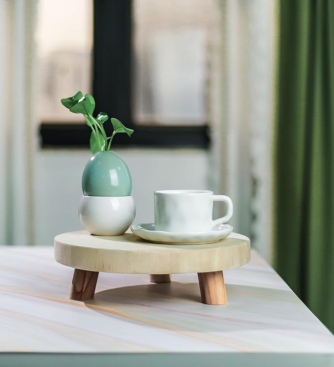 CYS EXCEL 2 Pcs Wooden Plant Stands Modern Raised Display Risers for Indoor Planters Round Natural Wood Slice Pedestals with Short Legs for Tabletop Decor Rustic Boho Home Accent, 11 Inch Diameter