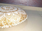 24" White Gold Flower Mandala Barmeri Large Floor Pillow Cover Cushion Meditation Seating Ottoman Throw Cover Hippie Decorative Zipped Bohemian Pouf Ottoman Pom Pom Cases ( 24 " round)