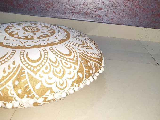24" White Gold Flower Mandala Barmeri Large Floor Pillow Cover Cushion Meditation Seating Ottoman Throw Cover Hippie Decorative Zipped Bohemian Pouf Ottoman Pom Pom Cases ( 24 " round)
