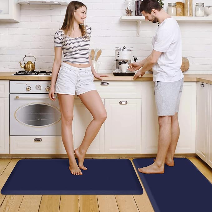 HappyTrends 2 PCS Kitchen Mat Cushioned Anti-Fatigue Floor Mat, Heavy Duty Ergonomic Comfort Foam Standing Mat, Waterproof Non-Slip Kitchen Rugs for Home, Office(17.3"x39"+17.3"x39",Navy)