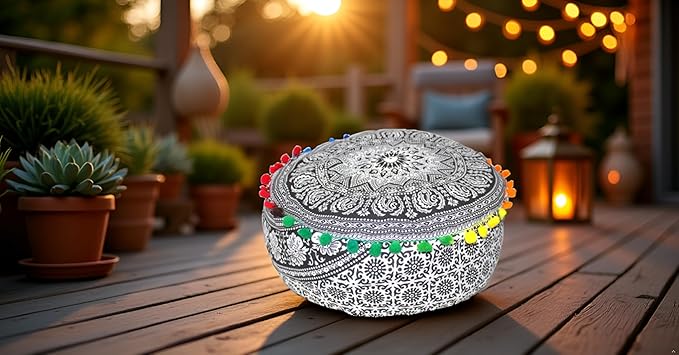 CRAFT KALA Black Elephant Flower Large Hippie Mandala Meditation Floor Ottoman Pillow Cushion Pouf Cover Square Poufs Bohemian Floor Cushion Case Outdoor Fireplace Living Room Decor Cover 16" Round