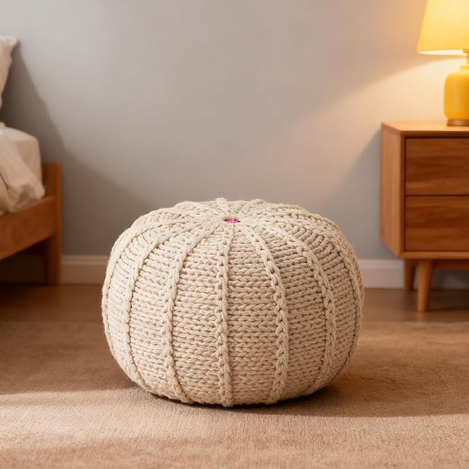Round Pouf Ottoman, 18" Bordeaux Knitted Cotton Woven Round Pouf, Handmade Woven Bean Bag for Living Room, Floor Bag for Bedrooms, Home, Offices, Sofa Footrest (Beige)