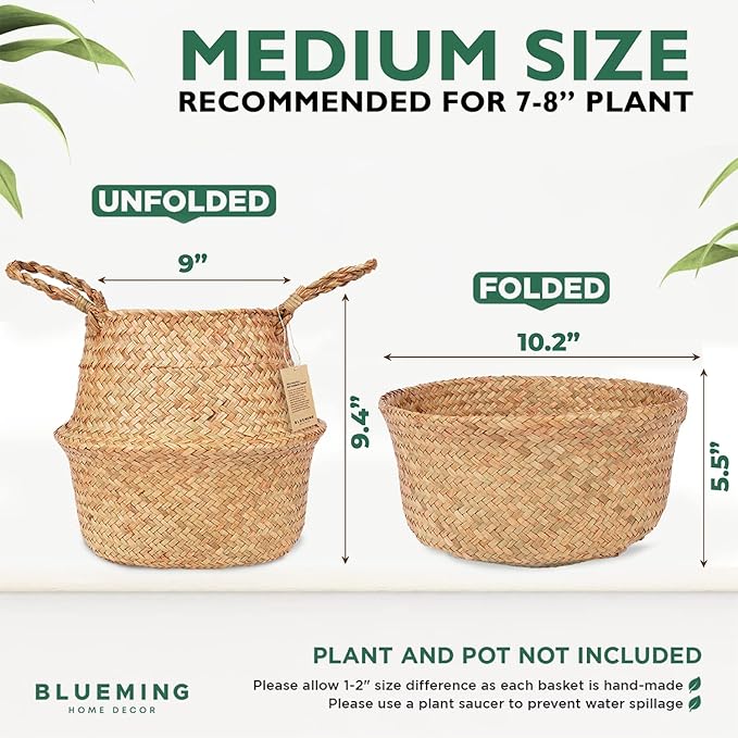 Blueming Home Olive Tree Basket – Wicker Seagrass Planter for Tall Indoor Fake Plants, Decorative Rattan Basket for Houseplants, Snake Plant, Monstera, 7-8 Inch Pots (Original, Medium)
