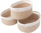 Woven Basket,Small Rope Storage Bin with Handles & Ribbon Bag, Organizer for Shelves Closets,Gift Basket Empty for Birthday,Books,Dog Toys, White&Brown Block/3 Pack