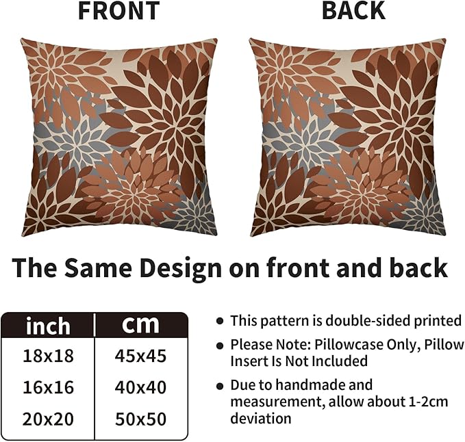 Brown Grey Gray Pillow Covers 20X20 Inch Set of 2, Spring Modern Geometry Dahlia Floral Print Decorative Throw Pillow Covers Outdoor Farmhouse Cushion Case for Couch Sofa Bed Decor
