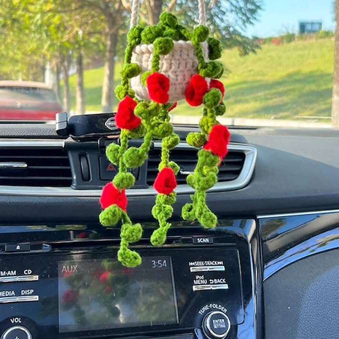 Boho Crochet Hanging Basket - Cute Car Mirror Plant Accessory