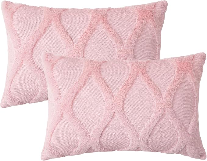 decorUhome Spring Throw Pillow Covers 12x20 Inch Set of 2, Soft Plush Faux Fur Wool Lumbar Light Pink Accent Couch Pillow Covers for Modern Farmhouse Bed Sofa Living Room