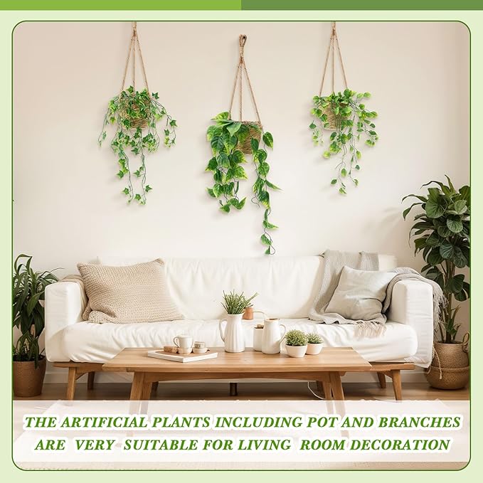 6 Set Mini Fake Hanging Plants with Woven Basket Boho Artificial Ivy Faux Vines Eucalyptus Leaf for Indoor Home Wall Living Room Bathroom Shelf Decor (Round Radish Leaf)