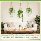 6 Set Mini Fake Hanging Plants with Woven Basket Boho Artificial Ivy Faux Vines Eucalyptus Leaf for Indoor Home Wall Living Room Bathroom Shelf Decor (Round Radish Leaf)