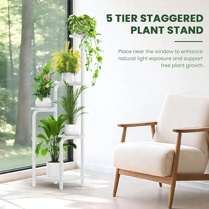TOSKING 5 Tier Tall Plant Stand Indoor Outdoor,Anti-Tip Plant Stand indoor, Wide Base for Pots, Child and Pet Friendly,Heavy Duty Corner Shelf for Plants & Decor, Space Saving ,Tiered Metal Flower Pot Stand for Balcony, Garden, Living Room, Patio (Whit...