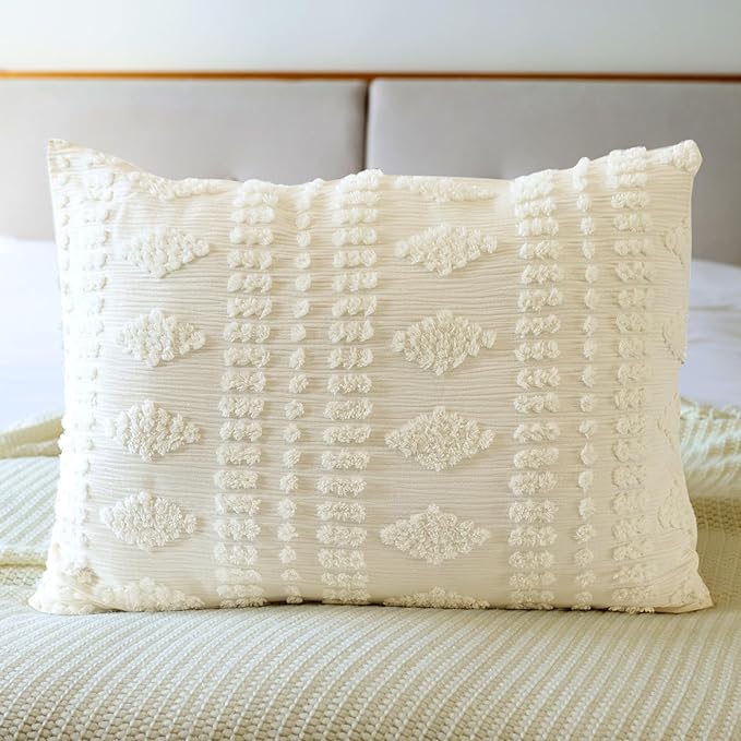 Tufted Pillow Shams Standard Ivory Set of 2 Boho Pillowcases Shabby Chic Decorative Textured Poms Cream Diamonds Moroccan Embroidery Farmhouse 20x26