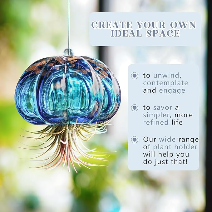 H&D HYALINE & DORA Blown Glass Jellyfish Hanging Air Planter, Cute Blue Jellyfish Air Plant Holder Gifts for Women Room Garden Wedding Party Decor (No Plants)