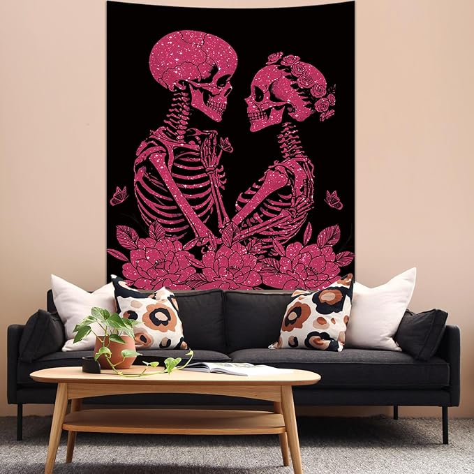 KJHL The Lovers Skull Tapestry Wall Hanging 59ʺ x 51ʺ Pink Halloween Gothic Vertical Skeleton Tapestries Aesthetic for Bedroom Living Room Decor