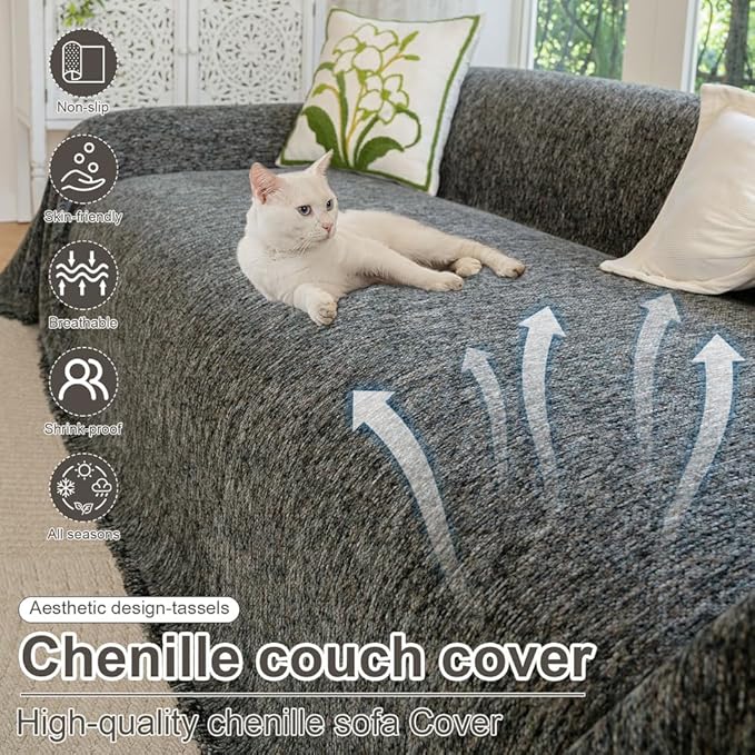ROOMLIFE Gray Couch Cover Boho Sofa Covers for 3 Cushion Couch Washable, Furniture Protector Sofa Couch Cover for Dogs, Soft Chenille Sofa Slipcover, Couch Throw Blankets with Tassels 71 '' X 134''