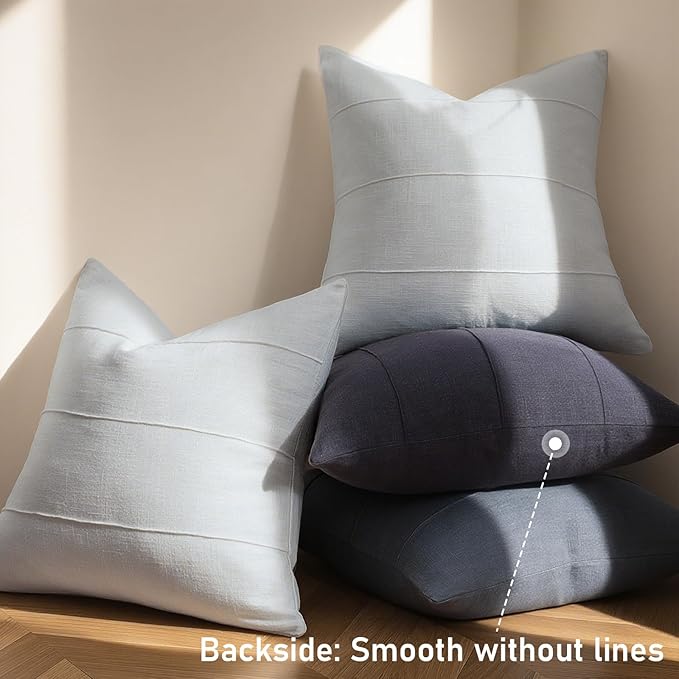ZWJD Decorative Linen Throw Pillow Covers 16x16 Set of 2 Solid Handcrafted Striped Cushion Covers for Bed Soft Modern Farmhouse Neutral Pillowcase for Couch Bedroom Living Room Home Decor(Sky Blue)