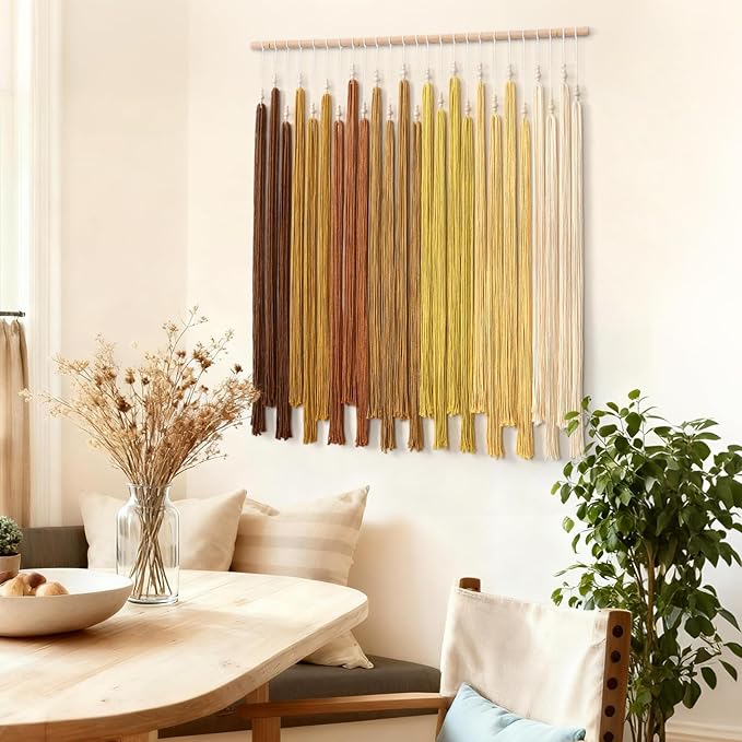 KHOYIME Macrame Wall Hanging Large Boho Home Decor Aesthetic, Bohemian Yellow Tassels Tapestry Modern Handmade Artwork Chic Wall Art Decorations for Dining Living Room Bedroom Nursery Office 38.5"x43"