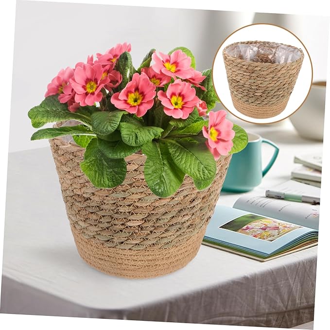 Straw Woven Plant Basket with Flat Base Handmade Flower Pot Holder for Indoor Home Decor Living Bedroom Office Use Natural Boho Style Woven Design