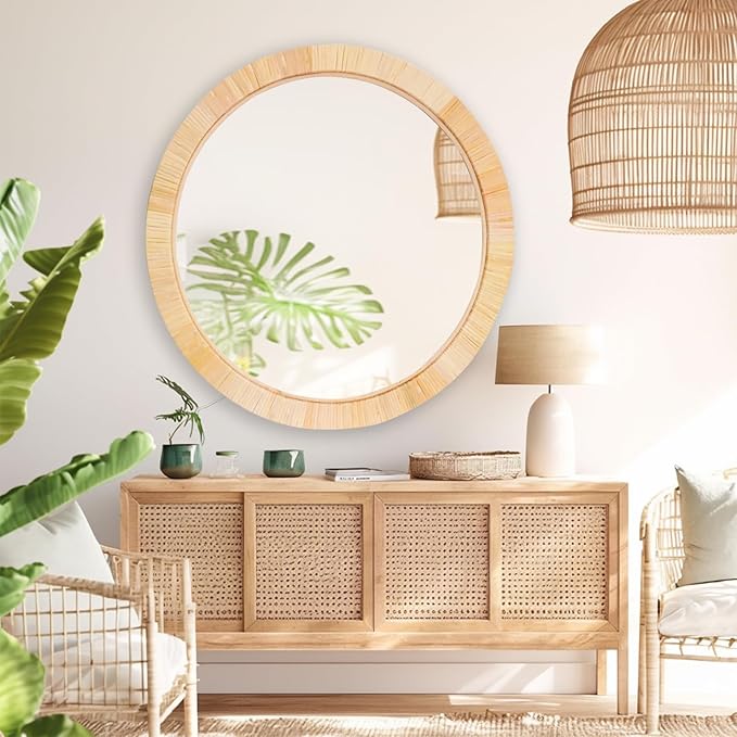 Rattan Mirror,Round Boho Bathroom Mirror for Wall,24" Circle Wicker Vanity Mirror for Nursery Décor,Coastal Farmhouse Wood Mirror for Bedroom Entryway Living Room