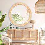 Rattan Mirror,Round Boho Bathroom Mirror for Wall,24" Circle Wicker Vanity Mirror for Nursery Décor,Coastal Farmhouse Wood Mirror for Bedroom Entryway Living Room