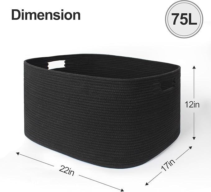 Black Basket for Blankets, 75L Large Woven Blanket Storage for Living Room, Cotton Rope Baskets for Organizing, Kids Dog Toy Bin Box, Rectangle Pillow Holder Organizer, 22”x17”x12”