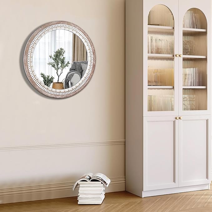 30" Wooden Round Mirrors for Wall Decor, Farmhouse Rustic Circle Decorative Mirror with White Wash Beads for Bathroom Over Sink, Bedroom, Living Room, Entryway