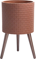 D'vine Dev 12 Inch Modern Geometric Tile Patterned Sleek Planter Pot with Stand, Indoor Outdoor Decorative Plant Holder, Terra Cotta, 88-Z-C-3