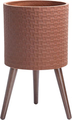 D'vine Dev 12 Inch Modern Geometric Tile Patterned Sleek Planter Pot with Stand, Indoor Outdoor Decorative Plant Holder, Terra Cotta, 88-Z-C-3