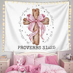 LIANGW Coquette Pink Bow Christian Tapestry Wall Hanging, Coquette Preppy Room Decor, Proverbs 31 Woman Gifts, Bible Verse Wall Blanket Decor for Girls Room Dorm Apartment, 50x60 Inch