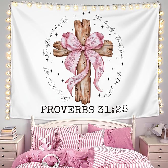LIANGW Coquette Pink Bow Christian Tapestry Wall Hanging, Coquette Preppy Room Decor, Proverbs 31 Woman Gifts, Bible Verse Wall Blanket Decor for Girls Room Dorm Apartment, 50x60 Inch