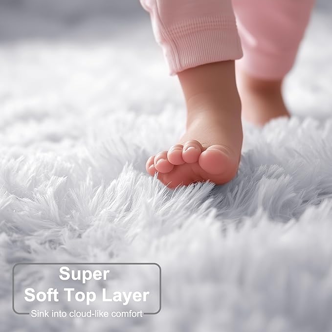 Round Rugs 5Ft White Circle Area Rug, Fluffy Fuzzy Bedroom Carpets for Kids Playroom Home Decor Aesthetic, Plush Soft Shaggy Living Room Rugs for Nursery Dorm Classroom, Modern Cute Shag Furry Carpet