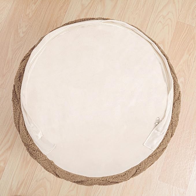 Fluffy Round Ottoman Pouf with All-in-One Foam Filling 20" x 14" Furry Ottoman Foot Rest Foot Stool for Living Room or Bedroom (Light Coffee)