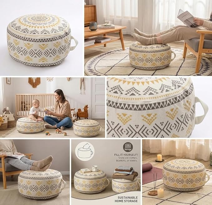 MOCOFO Unstuffed Round Pouf Covers Boho Colorful Geometric Ottoman Pouf Cover with Handle Design,Decoration Footstool for Living Room,Bedroom,Patio (Light Green,18x18x8)