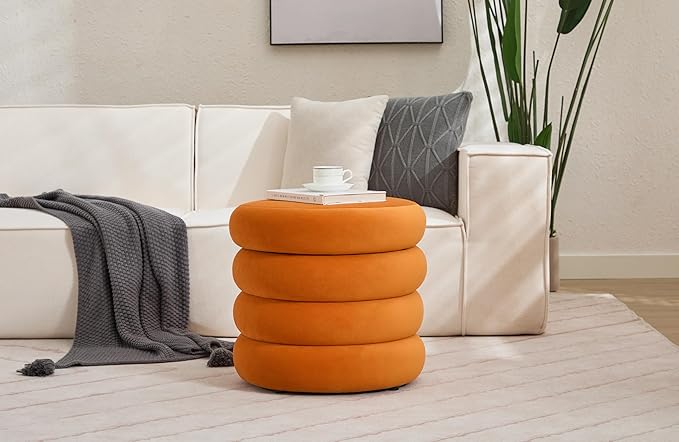 Flouki 19.5" Storage Ottoman Round, Vanity Stools for Bedroom, Velvet Pouf Ottoman with Removable Lid, Modern Ottoman Stool for Girls Women, Foot Stool for Living Room, Orange