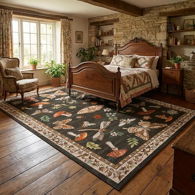 Mushroom Washable Rug 9x12 Area Rugs for Living Room, Insect Print Rug for Bedroom, Non Slip Throw Rugs with Rubber Back, Soft Low Pile Dining Room Under Table, Brown