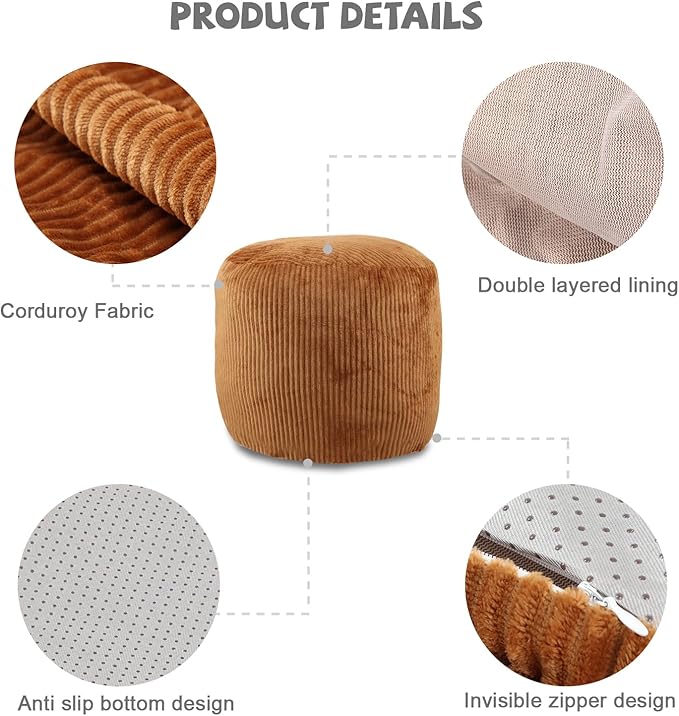 Sexysamba Round Corduroy Pouf Cover Only, 20"x 16" Unstuffed Decorative Ottoman Foot Stool Rest, Washable Storage Bean Bag Chair Floor Pouf Covers for Living Room Bedroom, Coffee