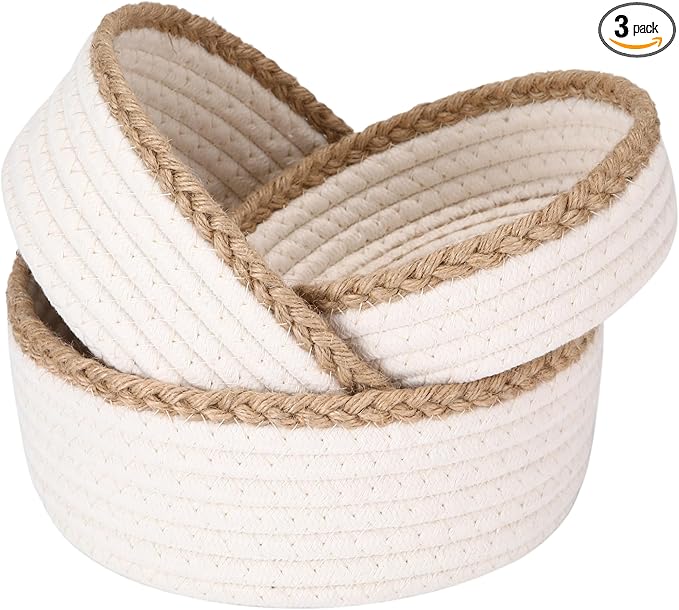 Sea Team 3-Pack Small Cotton Rope Storage Basket Set - Portable Round Organizers with Jute Braid for Small Items, Keys, Makeup & Trinkets