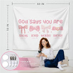 LIANGW Pink Coquette Bow Christian Tapestry, Inspirational Christian Tapestry for Women, Indoor Outdoor Wall Art Tapestries for Bedroom, Girl pink Room Decoration Living Room Bedroom 50x60 inches