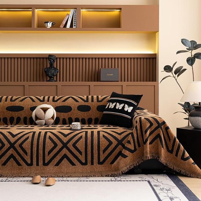 ROOMLIFE Brown Couch Cover 3 Cushion Sofa, Washable Non Slip Furniture Sofa Protector Cover, Soft Chenille Sofa Slipcovers Sectional L Shape Dogs Couch Cover Throw Blanket with Tassels 71''X150''
