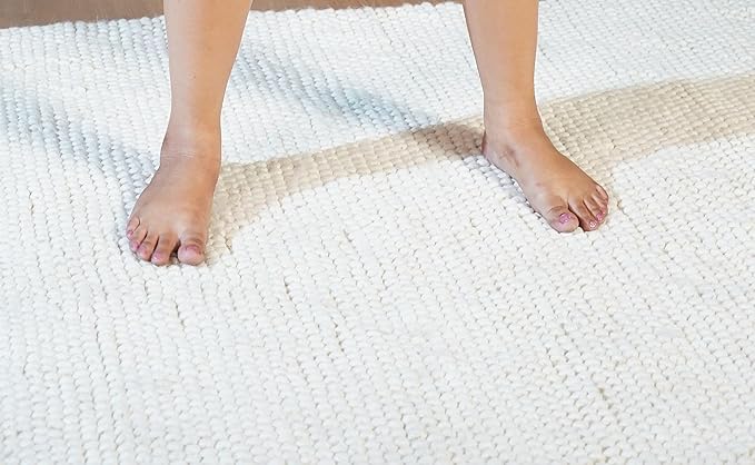 Handwoven Wool Cotton Blend Area Rug 8x10', Textured Popcorn Braided Ivory Rug, Soft Thick Farmhouse Contemporary Living Room Carpet, Neutral Modern Decorative Floor Rug