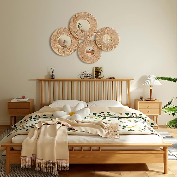Artilady 4 Pack Hanging Baskets Wall Art - Decorative Woven Wicker Basket Boho Wall Hanging, Rustic Round Mirrors Natural Jute Home Decor Set for Bedroom Living Room Nursery