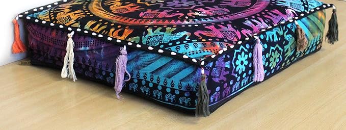 ICC Large Square Cotton Mandala Cushion Cover Hippie Ottoman Pouf Cover Daybed Floor Pillow Cover with Heavy Duty Zipper Seating Ottoman Poufs Dog-Pets Bed (Multi UP Elephant, 18" Square)