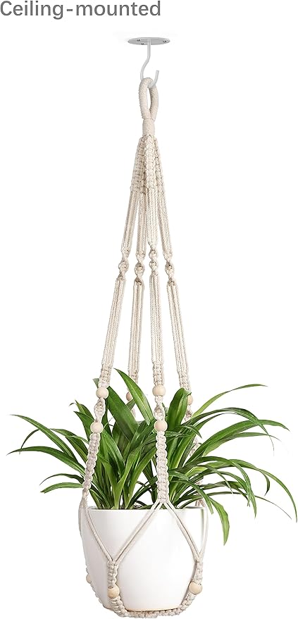 Mkono Macrame Plant Hangers Indoor Jute Hanging Planter Basket and Ceiling Hooks, Wood Beads Decorative Flower Pot Holder for Indoor Outdoor Boho Home Decor,Brown，Set of 2