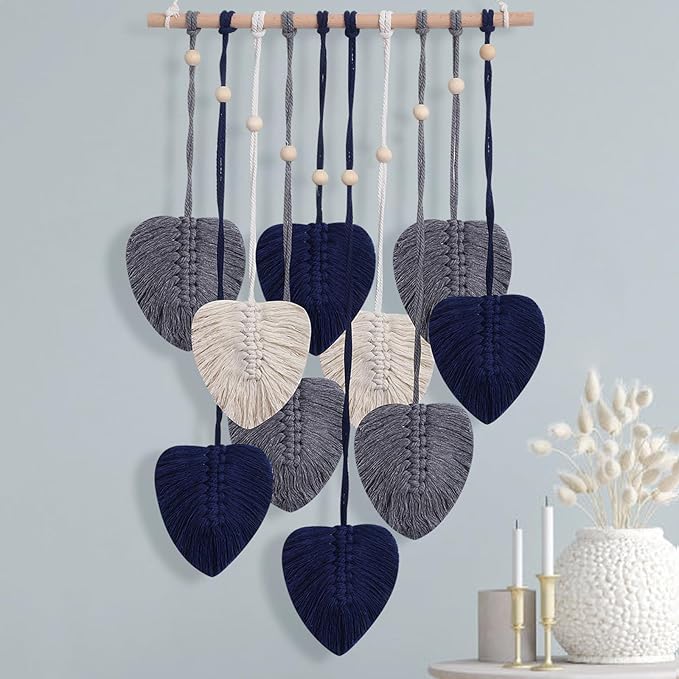 Macrame Wall Hanging Decor Leaves Tapestry, Boho Wall Decor Woven Feather Handmade Yarn Tassels Macrame Wooden Hanging Decorations for Office,Living, Bedroom, Nursery,Apartment Room,16x26 Inch(Blue)