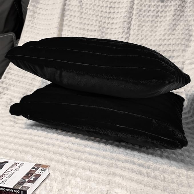 2 Pack 12x20 Pillow Cover Velvet Pillow Covers, Faux Fur Oblong Throw Pillow Covers for Living Room Decorations Throw Pillow Case, Throw Pillow Cover Cushion Cover for Home Sofa Bedroom Car, Black