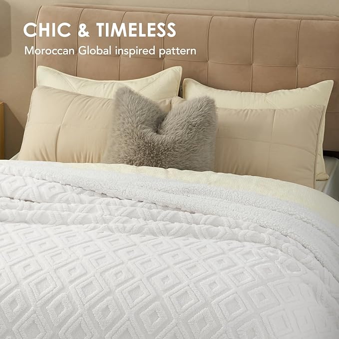 EverGrace Jacquard Boho Sherpa Fleece Throw Blanket for Couch, Super Soft Cozy Fuzzy Plush Blankets for Winter, Reversible Thick Warm Blanket for Bed, Sofa, Living Room, Off White, 108" x 90"