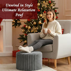 LITA Round Stuffed Pouf Ottoman, Corduroy Poufs with High-Density Foam Filling and Washable Cover, Furry and Fluffy Bean Bag Foot Stools Ottoman for Living Room, Bedroom, Office, Grey, Round