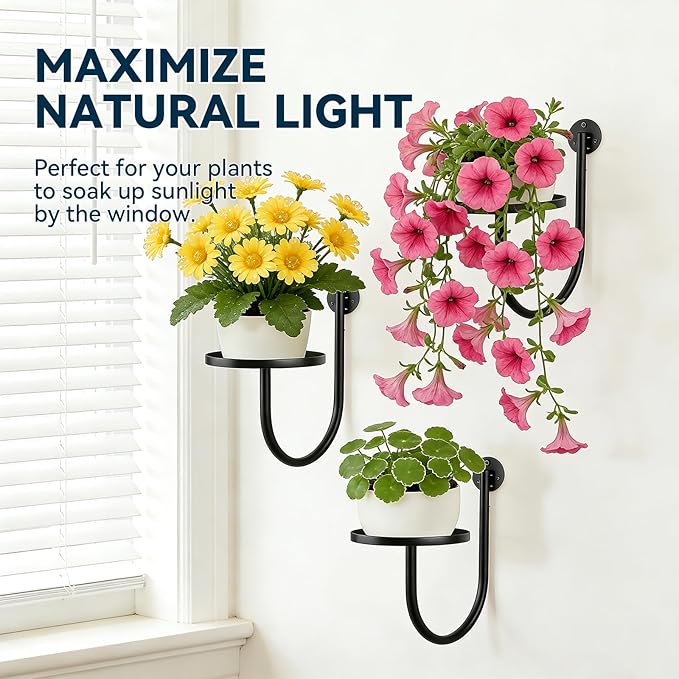 Wall Planters for Indoor Plants, 3 Pack Wall Mounted Plant Holder, Metal Plant Floating Decor Shelves, Space Saving, for Bedroom, Living Room, Kitchen, Office, Bathroom Decor