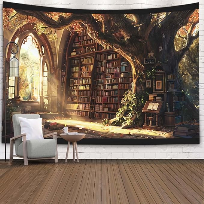 EMMTEEY Library Bookshelf Tapestry for Bedroom 60X50 Inch - Large Tree Wall Art for Living Room Medieval Dark Academia Backdrop for Study Room Office